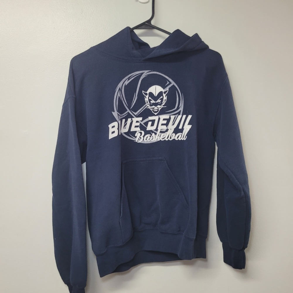 Gildan DryBlend Blue Devil Basketball Navy Blue Pullover Hoodie Small